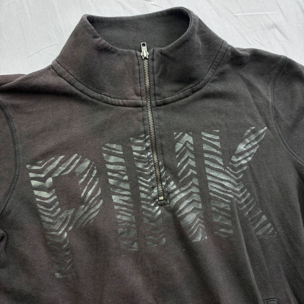 Victorias Secret PINK Quarter Zip Sweatshirt Black Zebra Logo Pullover Women M - Picture 3 of 11